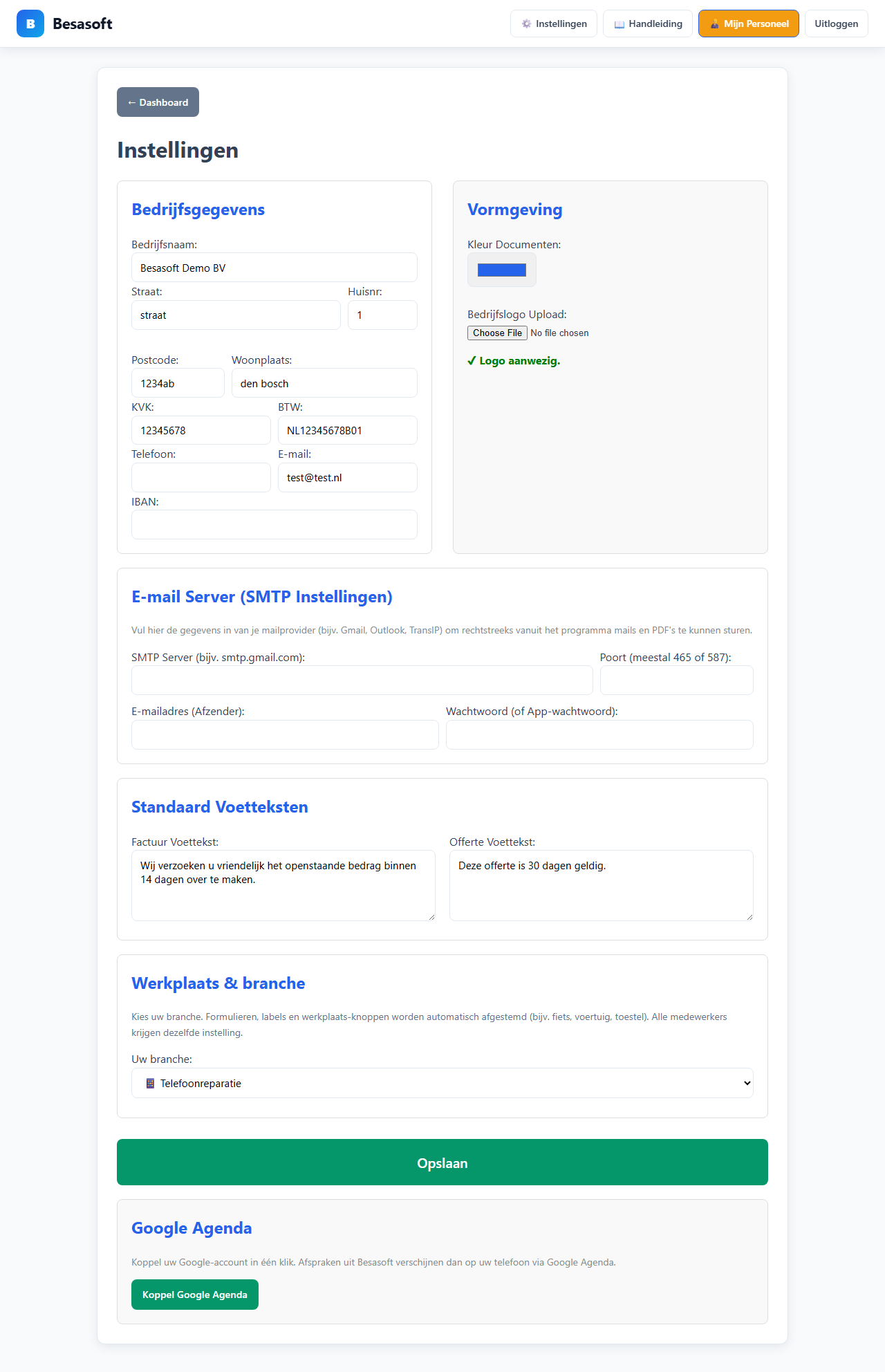 Instellingen met Google Agenda-sectie